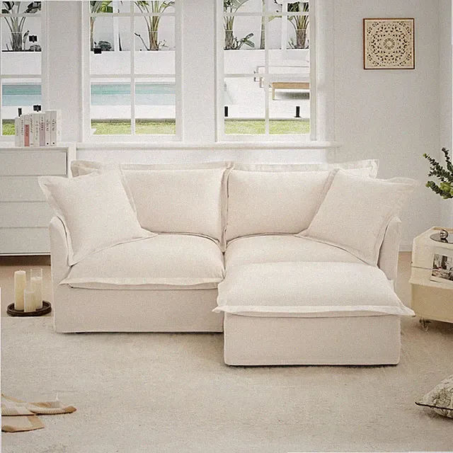 Slipcovered Sectional 2 Seater Sofa Couch with Convertible Ottoman, Wide and Dee