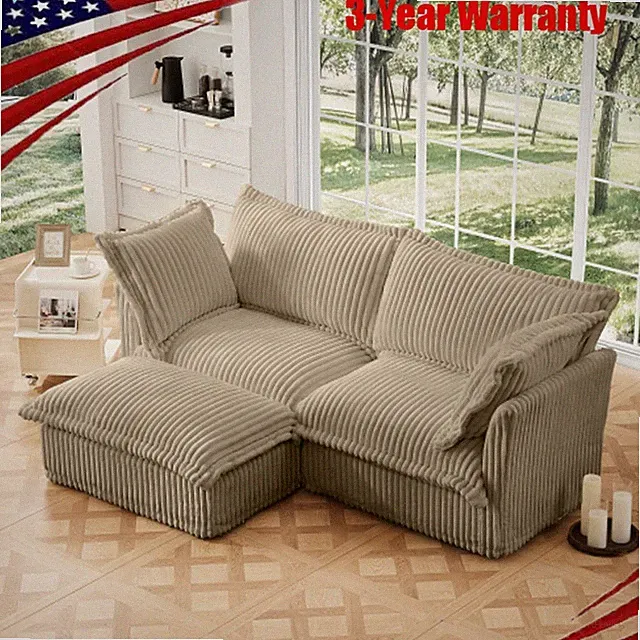 Slipcovered Sectional 2 Seater Sofa Wide and Deep Seat L Shaped Sofa Corduroy