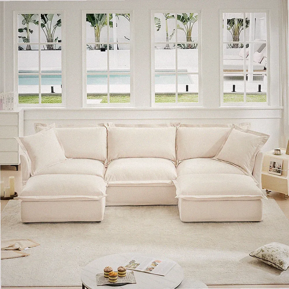 Slipcovered U Shape Sectional Deep Seat Sofa Couch, 3 Seater Sofa with French