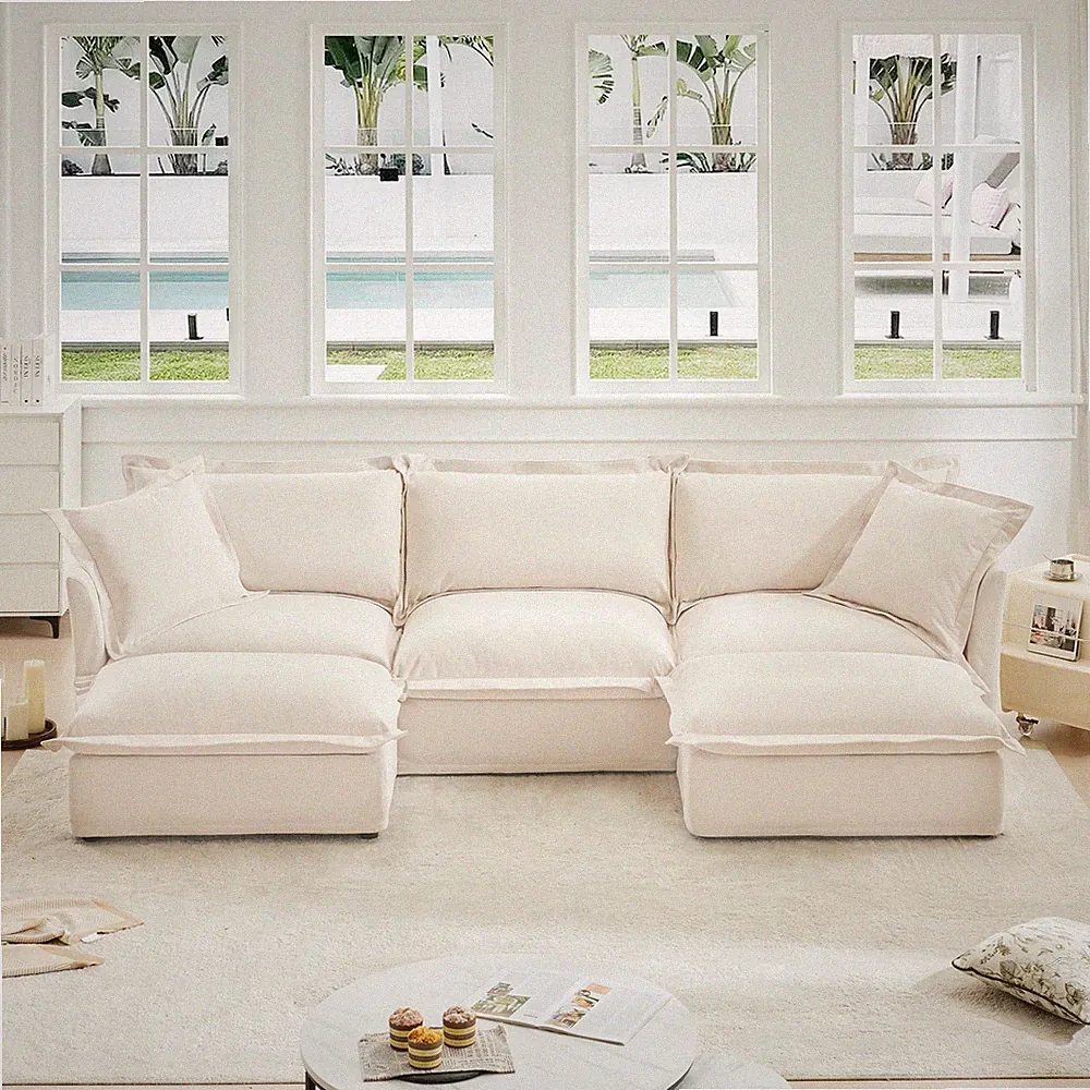 Slipcovered U Shape Sectional Deep Seat Sofa Couch, 3 Seater Sofa with French