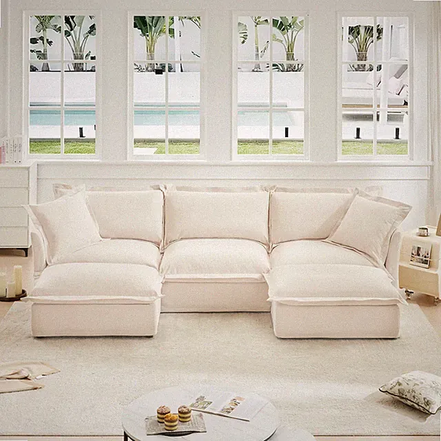 Slipcovered U Shape Sectional Deep Seat Sofa Couch, 3 Seater Sofa with French E