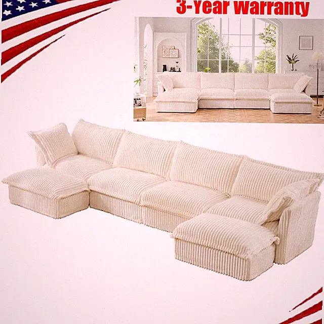 Slipcovered U Shape Sectional Wide and Deep Seat Sofa Couch 4 Seater Sofa