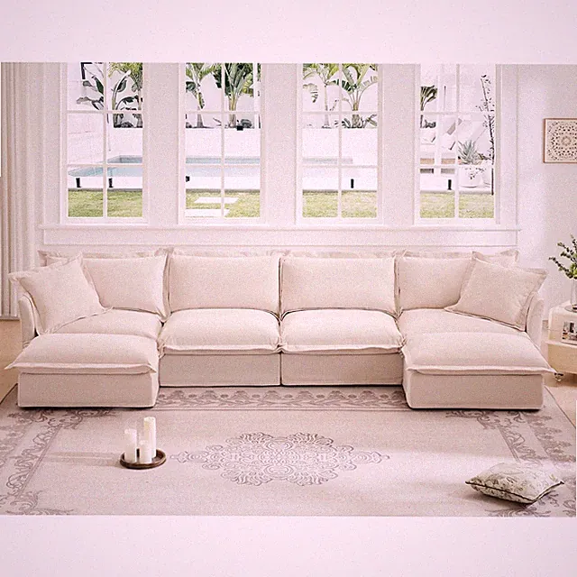 Slipcovered U Shape Sectional Wide and Deep Seat Sofa Couch, 4 Seater Sofa wit