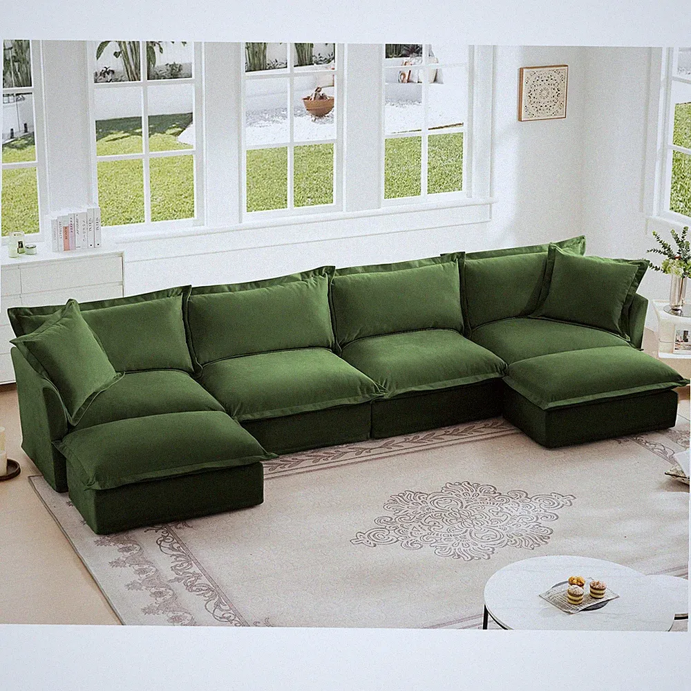 Slipcovered U Shape Sectional Wide and Deep Seat Sofa Couch, 4 Seater Sofa with