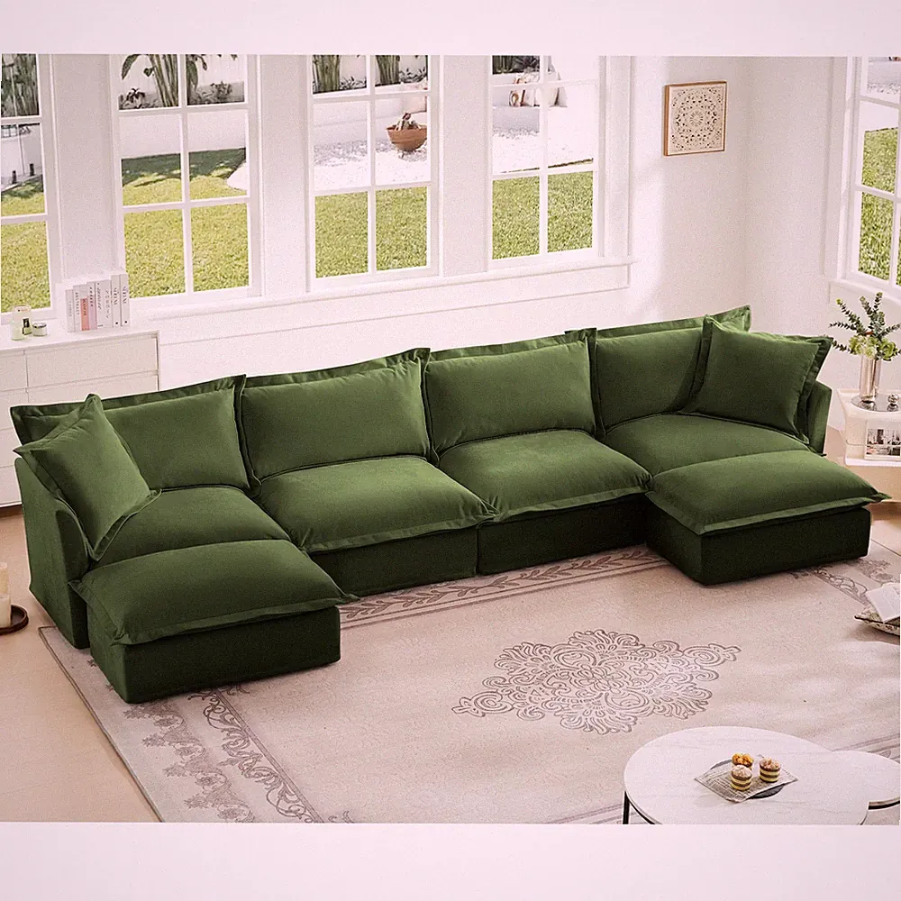 Slipcovered U Shape Sectional Wide and Deep Seat Sofa Couch, 4 Seater Sofa with