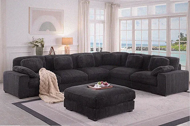 Sloane 151"W Charcoal Corduroy Fabric Rev.L-Shape Modular Sect.Sofa w/Ottoman