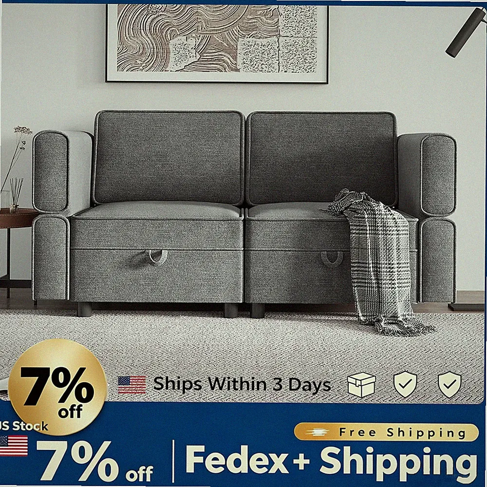Small Chenille Loveseat Sofa w/ Storage Ottoman, Adjustable Armrests & Backrest