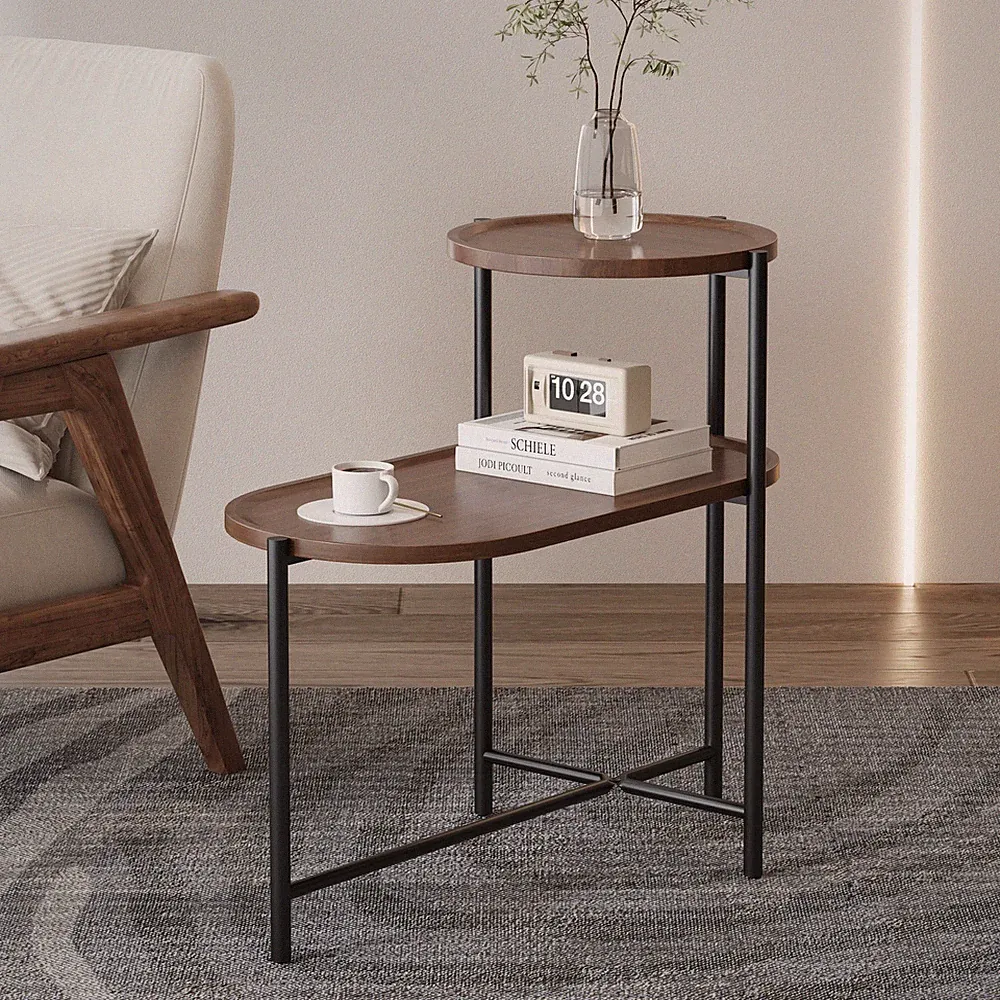 Small Coffee Tables 2-tier Modern Sofa Side Table with Wood Storage Shelf Brown