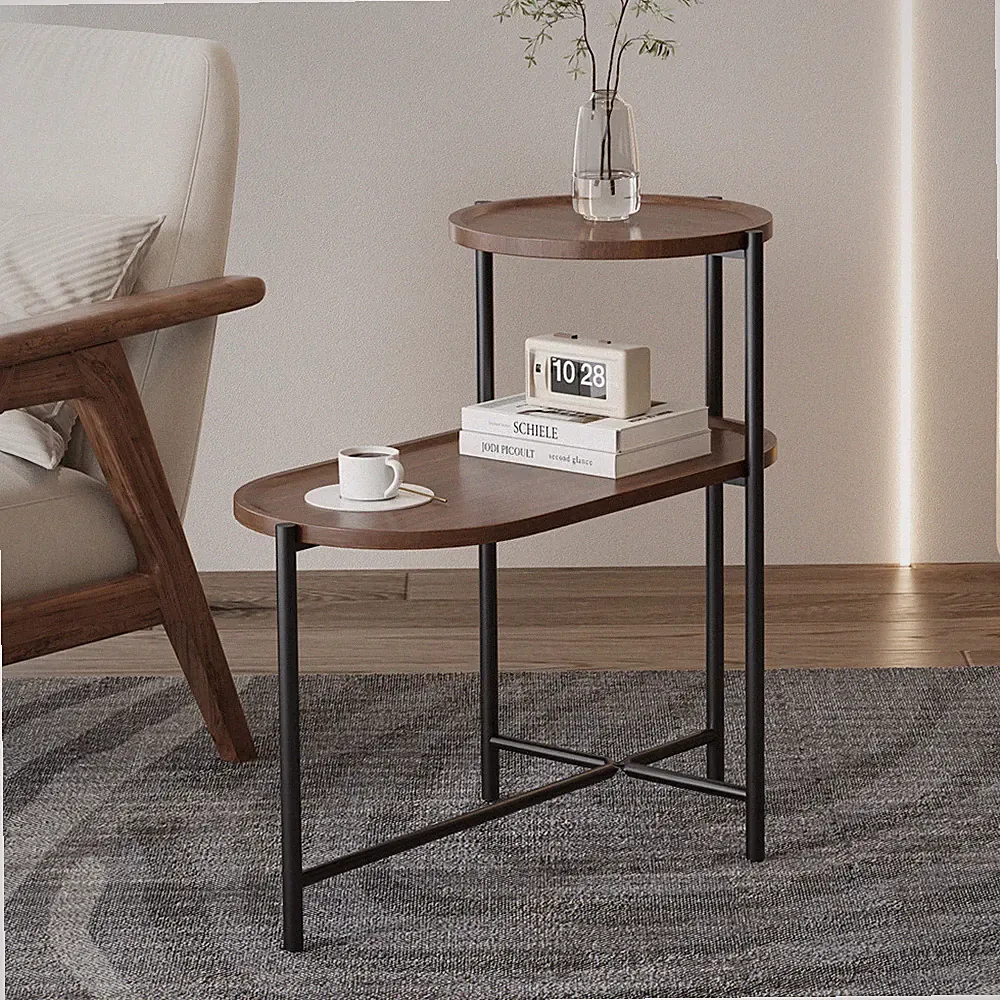 Small Coffee Tables 2-tier Modern Sofa Side Table with Wood Storage Shelf Brown
