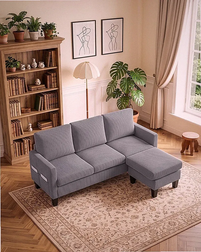 Small L Shaped Sectional Sofa Movable Storage Ottoman Corduroy Side Pockets Gray