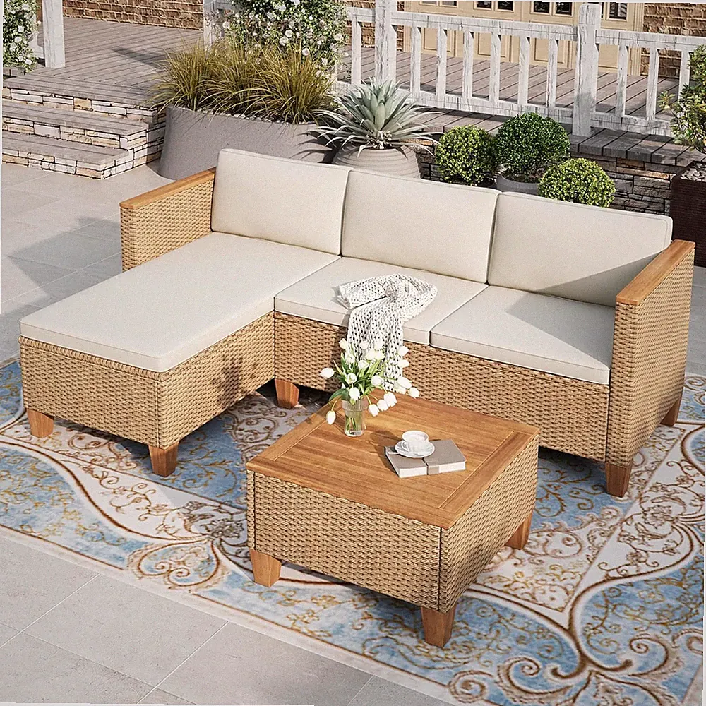 Small Patio Furniture Set, 3 Pieces Wicker Outdoor Sectional Sets,Yellow Rattan