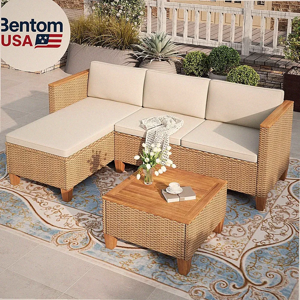 Small Patio Furniture Set, 3 Pieces Wicker Outdoor Sectional Sets,Yellow Rattan