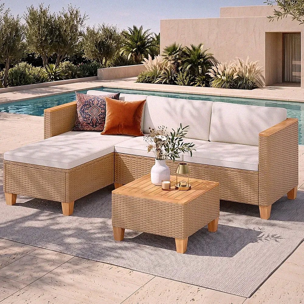 Small Patio Furniture Set 3 Pieces Wicker Outdoor Sectional Sets,Yellow Rattan