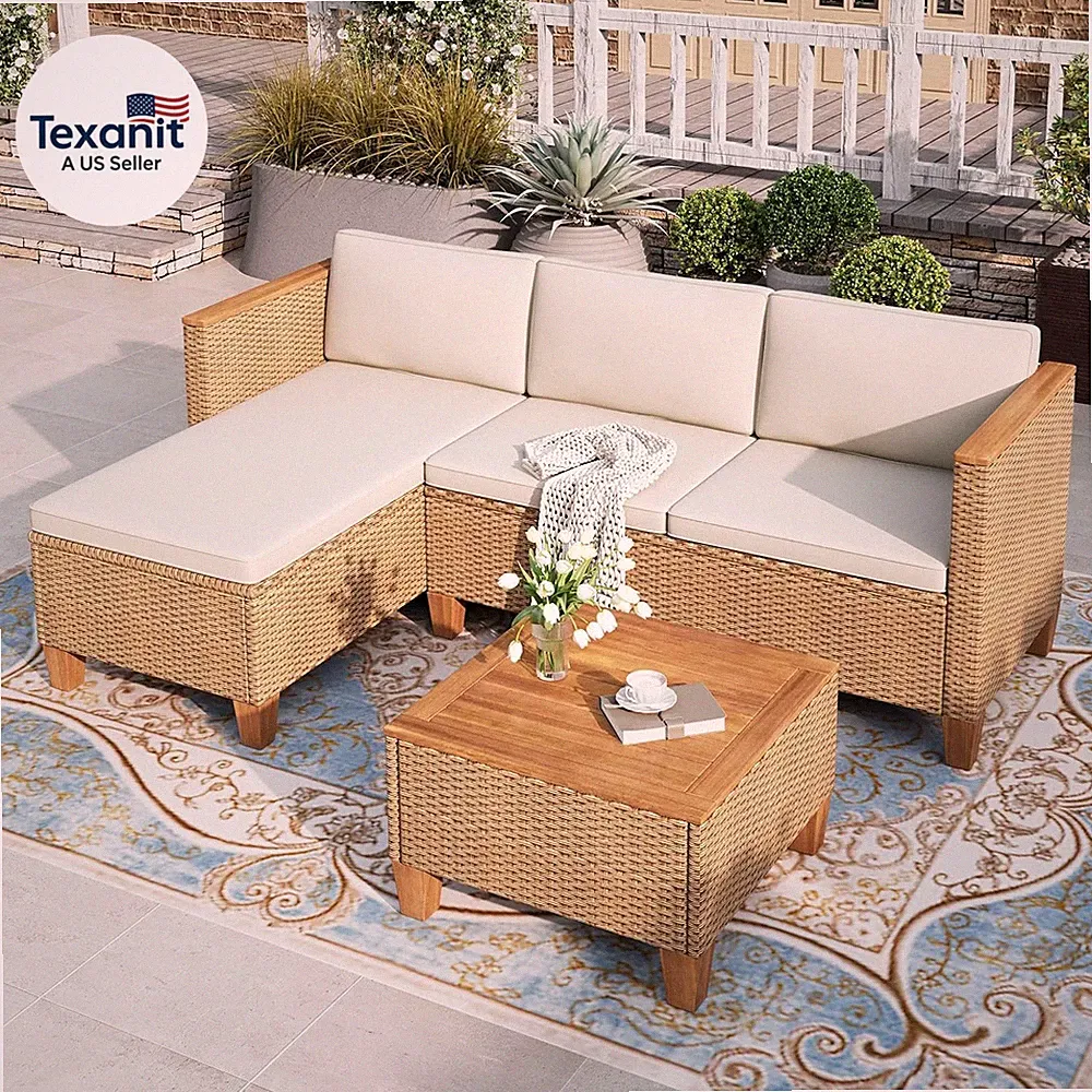 Small Patio Furniture Set, 3 Pieces Wicker Outdoor Sectional Sets,Yellow Rattan