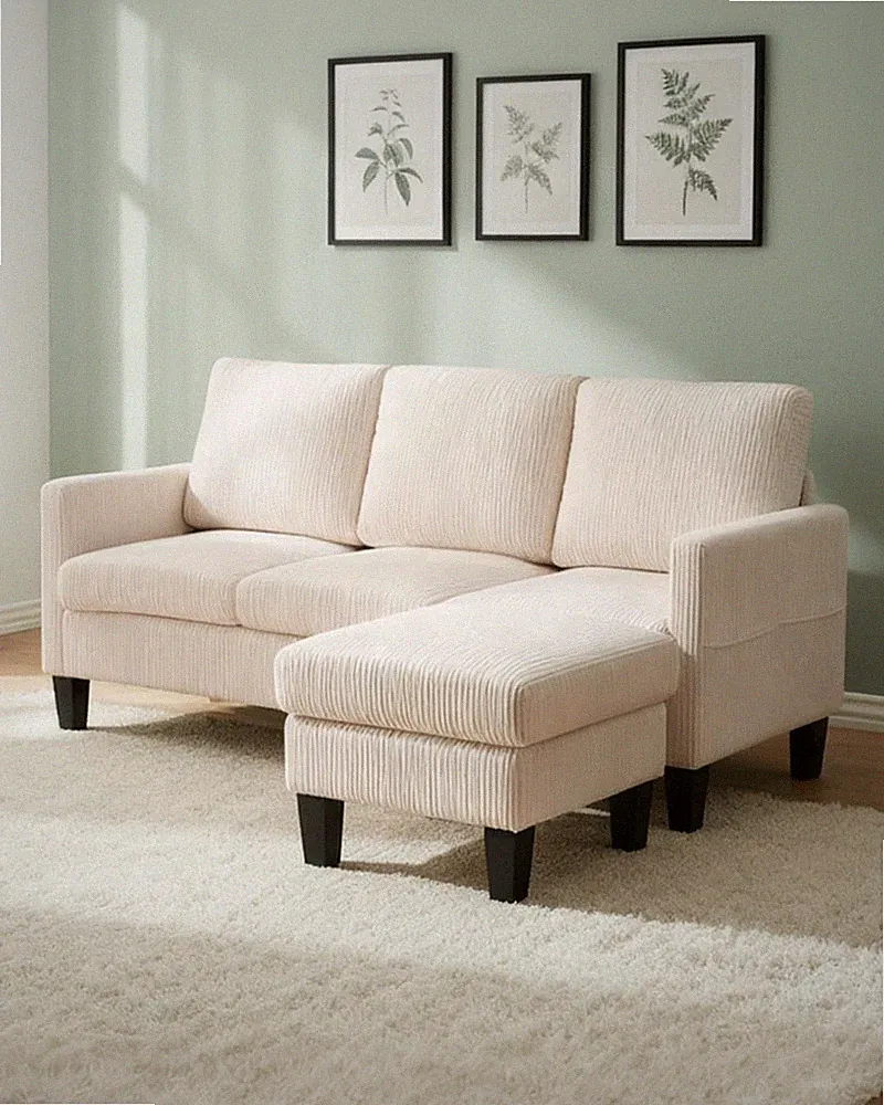 Small Sectional Couch L Shaped Sofa W/ Movable Storage Ottoman Corduroy