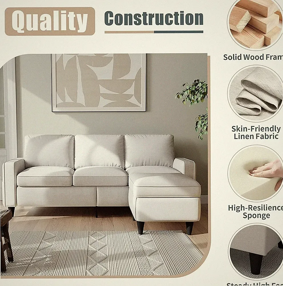 Small Sectional Sofa, Convertible L-Shaped Couch with Reversible Storage Chaise