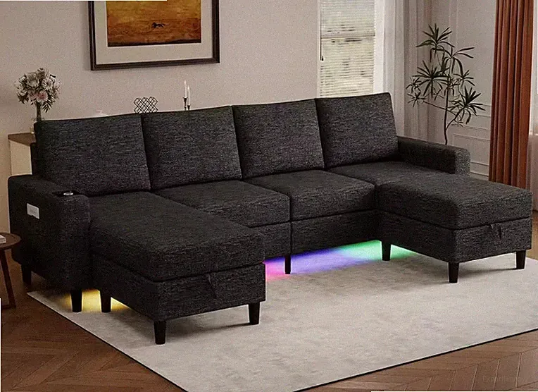 Smart Sectional Couches, U/L Shaped Sectional Sofa W. Lights & Charging, Modern