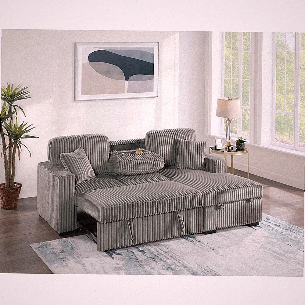 Smoke Corduroy 2-Piece Sectional Sofa Bed with Storage & Chaise