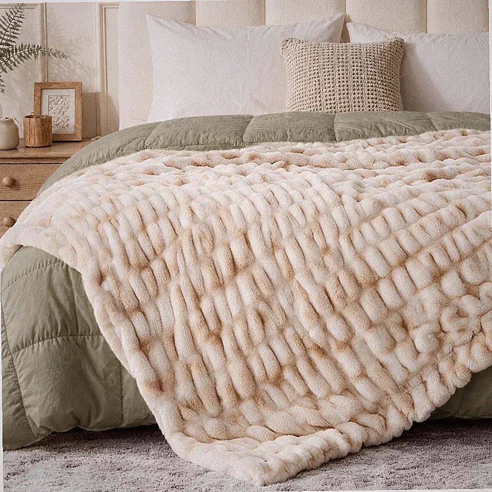 SMRISS Double Sided Ruched Faux Rabbit Fur Throw Blanket,50x60 CaramelCream