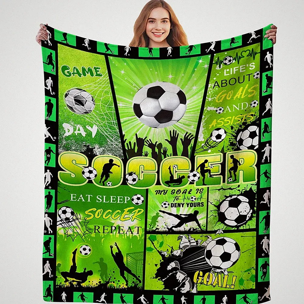 Soccer Flannel Throw Blanket 60"x80" Green Anti-Pill Fan Gift Soft Cozy Bed Sofa