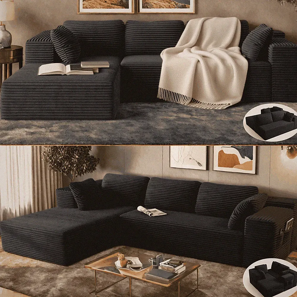 Sofa, 105" Free Assembly L-Shaped Sectional with Pet Friendly Corduroy Fabric
