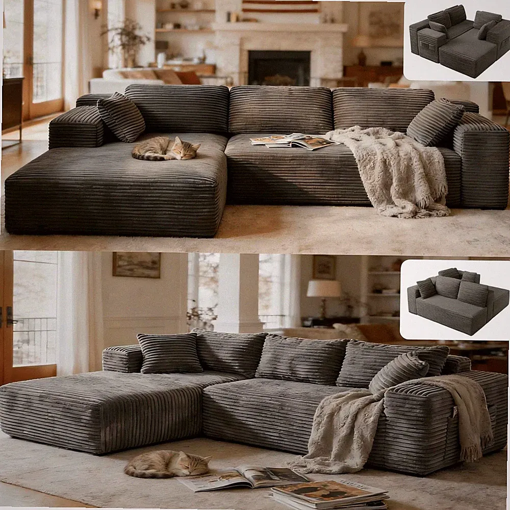 Sofa, 105" Free Assembly L-Shaped Sectional with Pet Friendly Corduroy Fabric