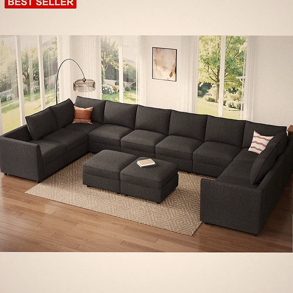 Sofa 159 Inch Modular Sectional Couch Sleeper Bed Storage Grey Linen