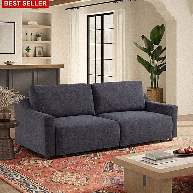 Sofa 90.2 Inches Queen Bed Convertible Chenille Fabric Navy Upholstery