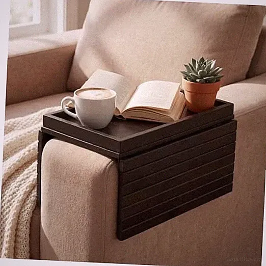 Sofa Arm Tray, Foldable Bamboo Couch Armrest Table with Large Midnight Black