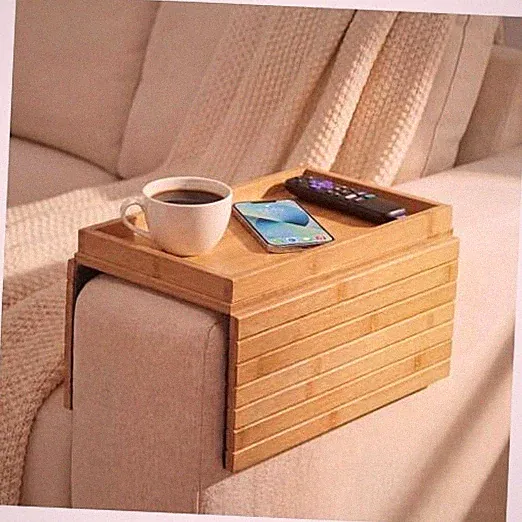 Sofa Arm Tray, Foldable Bamboo Couch Armrest Table with Large Natural Bamboo