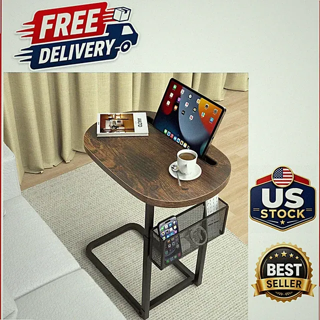 Sofa Arm Tray Table with Storage Baskets and Adjustable Height for Convenience