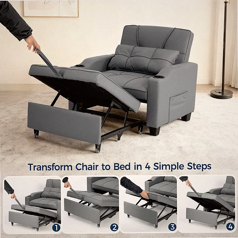 Sofa Bed 3-in-1 Sleeper Chair w/ Adjustable Backrest USB Ports for Living Room