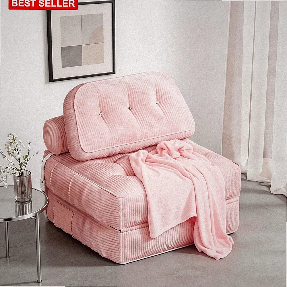 Sofa Bed 32In Flannel Pink Convertible Couch Sleeper Chair Comfort Sleeping
