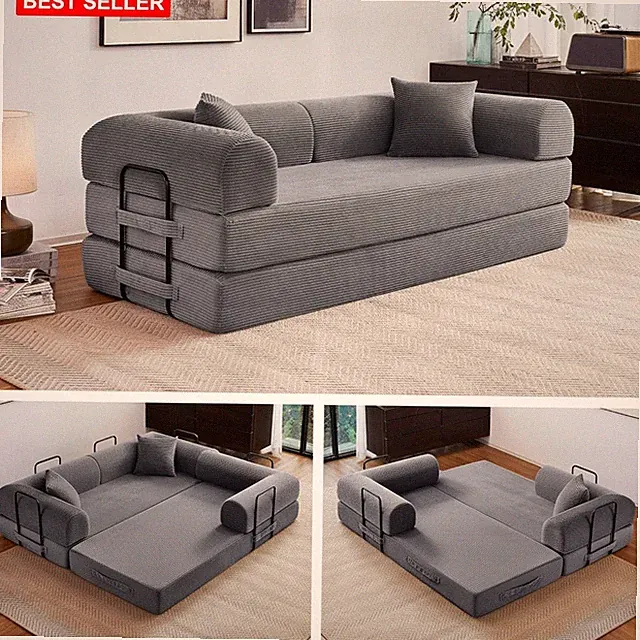 Sofa Bed 79In Convertible 5-in-1 Corduroy Foam Support No Assembly Grey