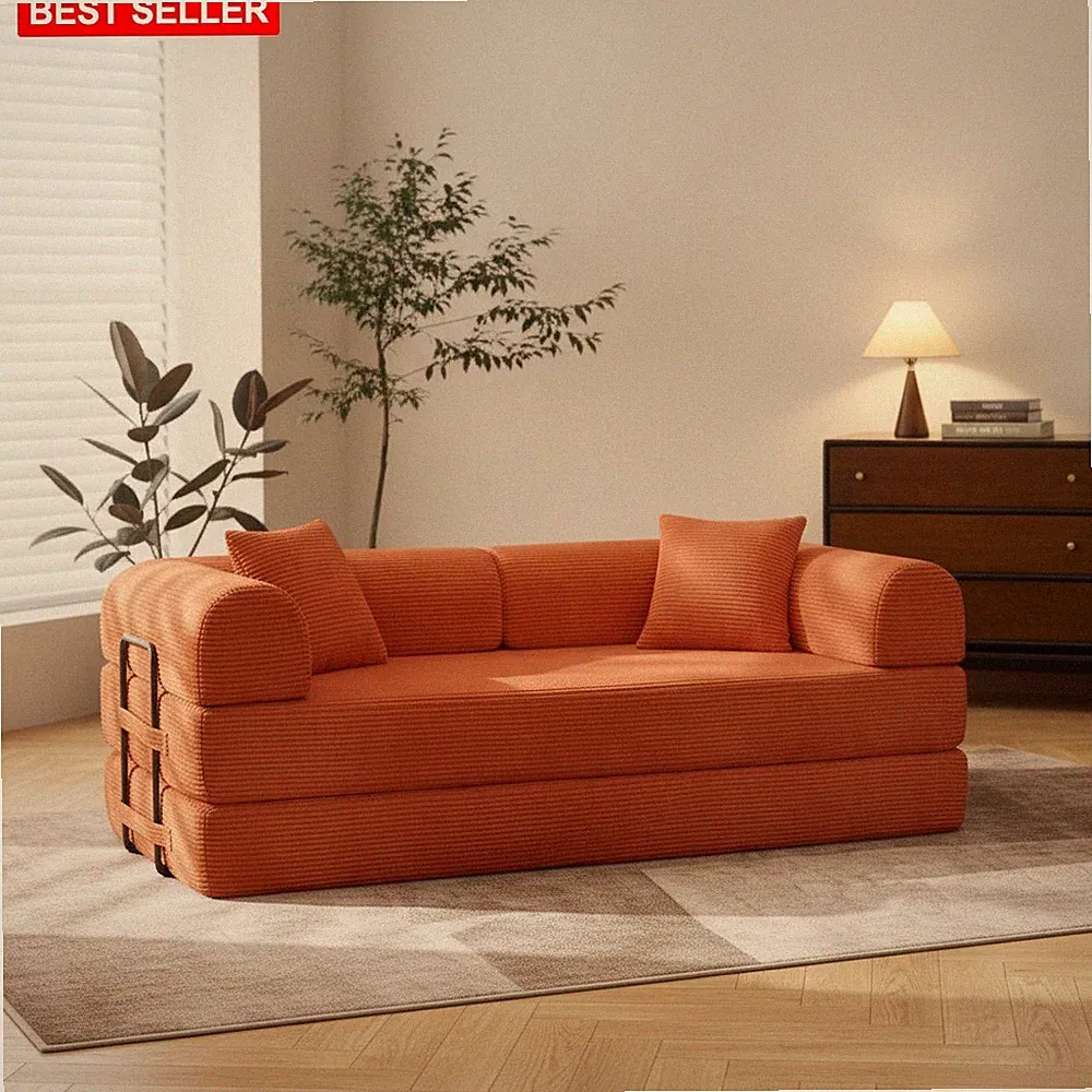 Sofa Bed 79In Orange Corduroy Modern Style 1200 Lb Support Comfort