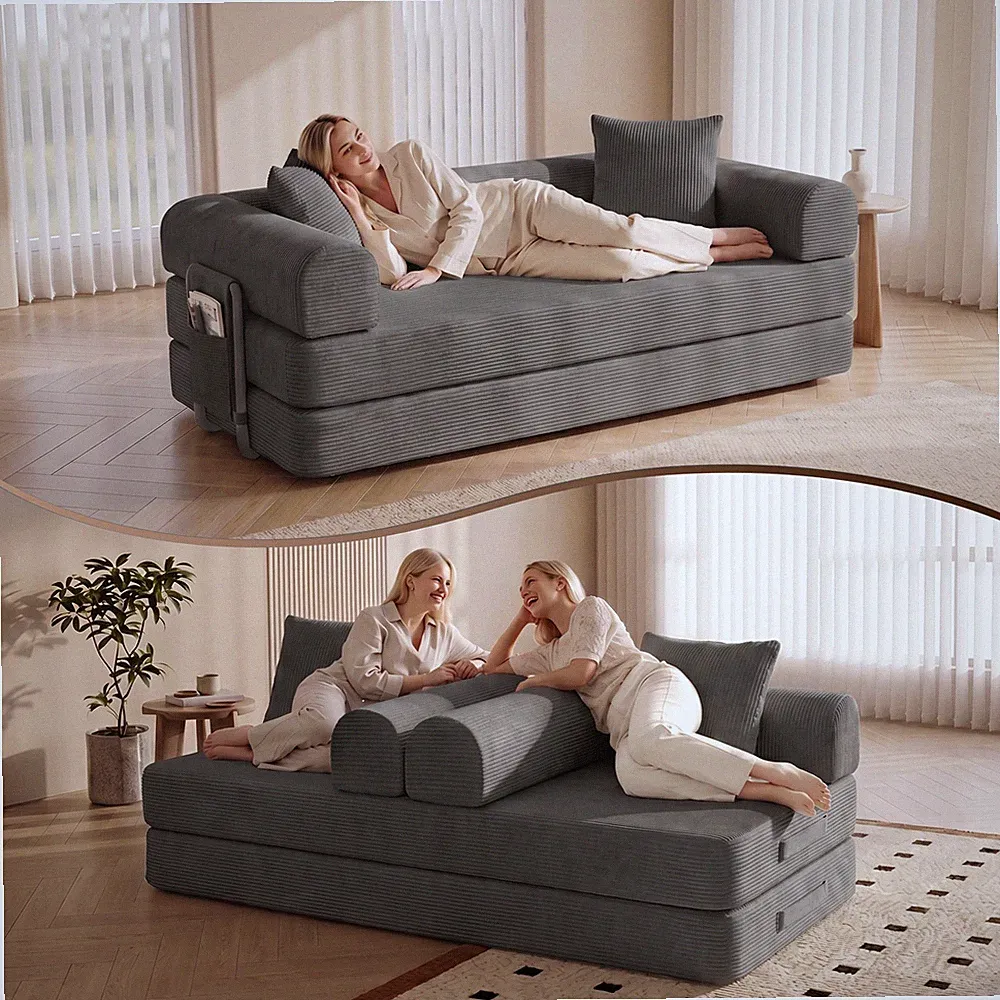 Sofa Bed Couch Sleeper Convertible Pull-Out Bed Space-Saving With Side Pockets