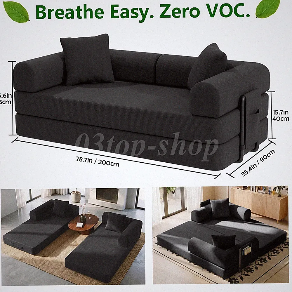 Sofa Bed Couch Sleeper Convertible Pull-Out Boneless Bed W/ Side Pocket Washable