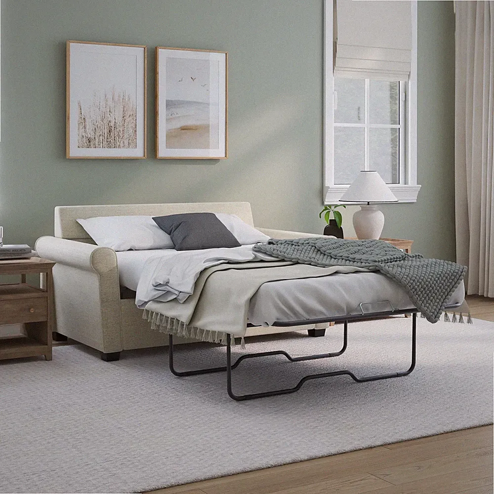 Sofa Bed Pull Out Sleeper Loveseat Couch Twin Adult Size Rolled Arms Beige