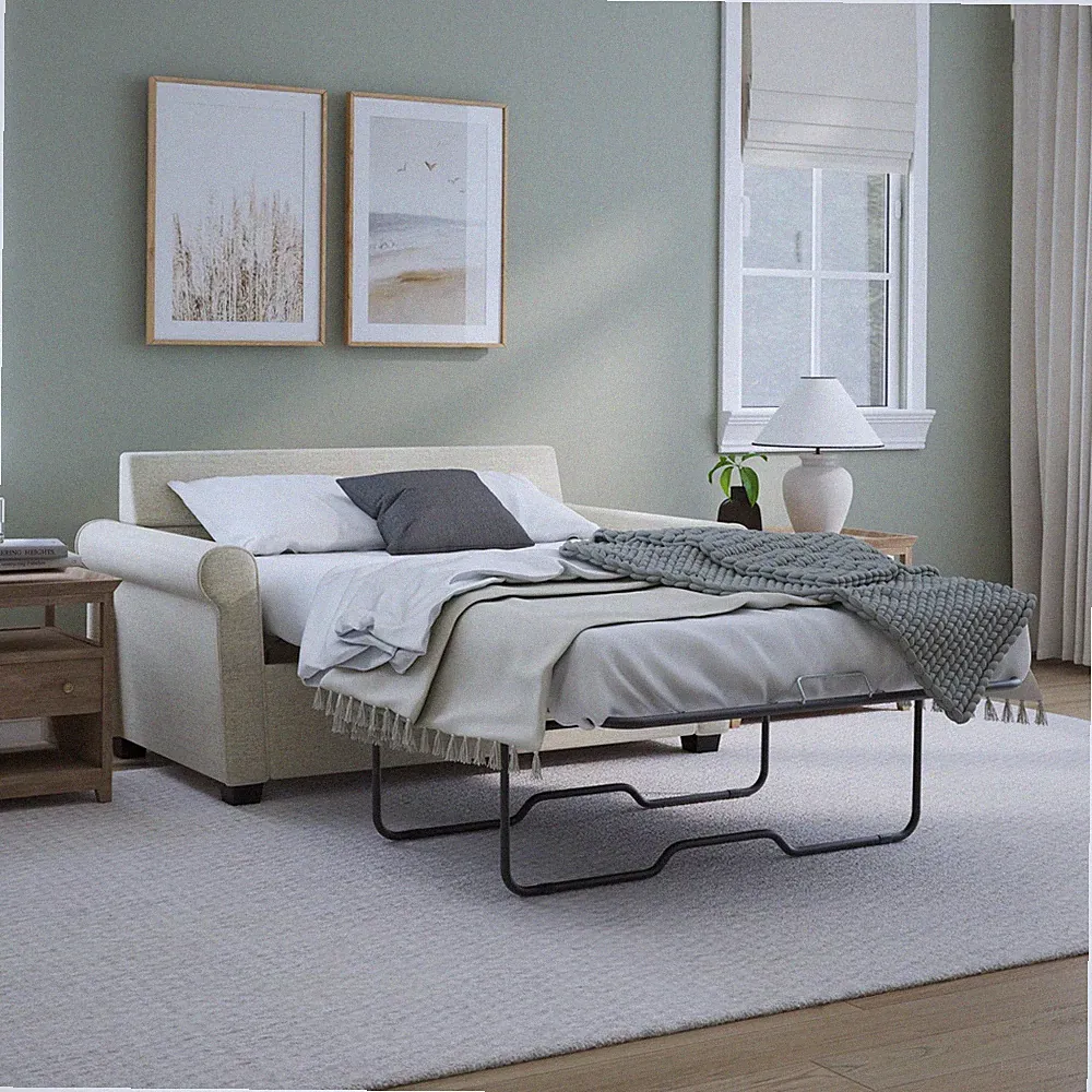 Sofa Bed Pull Out Sleeper Loveseat Couch Twin Adult Size Rolled Arms Beige