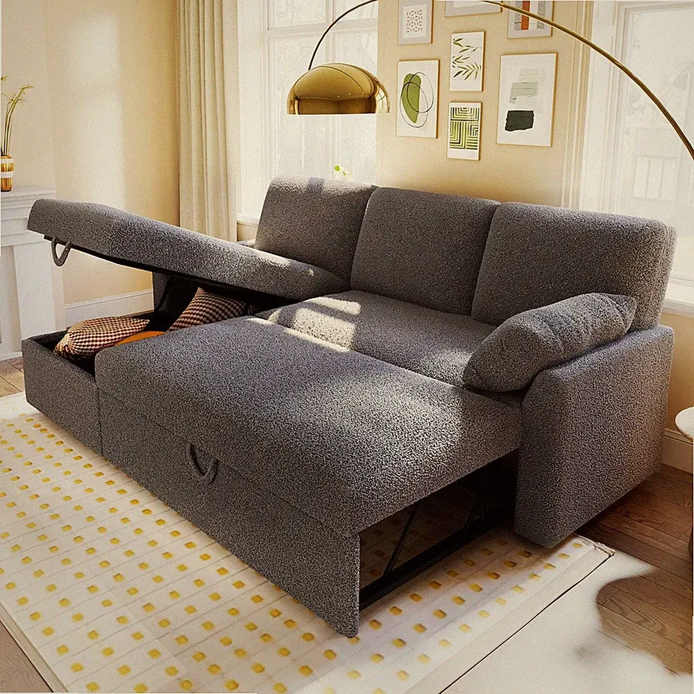 Sofa Bed Sleeper Sofa with Storage Chaise 2 in 1 Pull Out Couch Grey Boucle