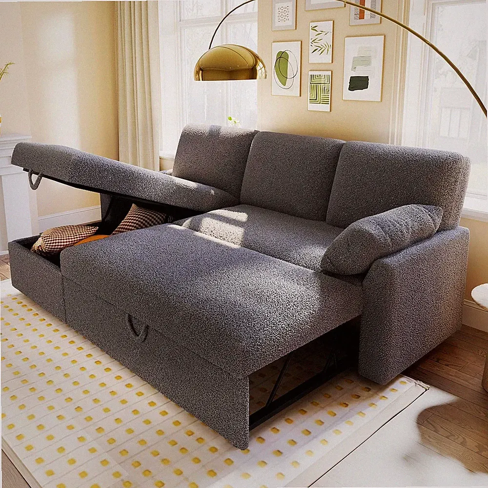 Sofa Bed Sleeper Sofa with Storage Chaise 2 in 1 Pull Out Couch Grey Boucle