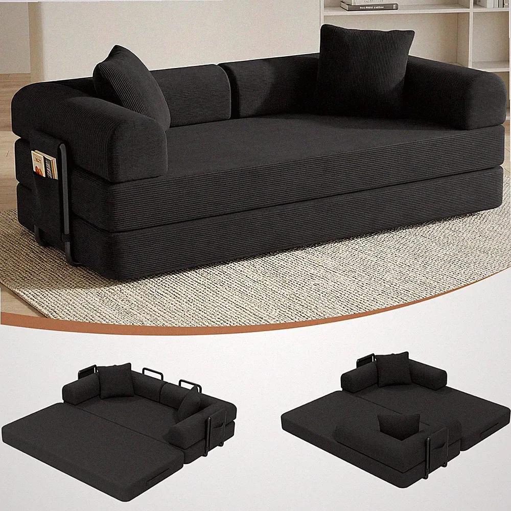 Sofa Bed Space-Saving Couch Sleeper Convertible Pull-Out Bed With Side Pockets