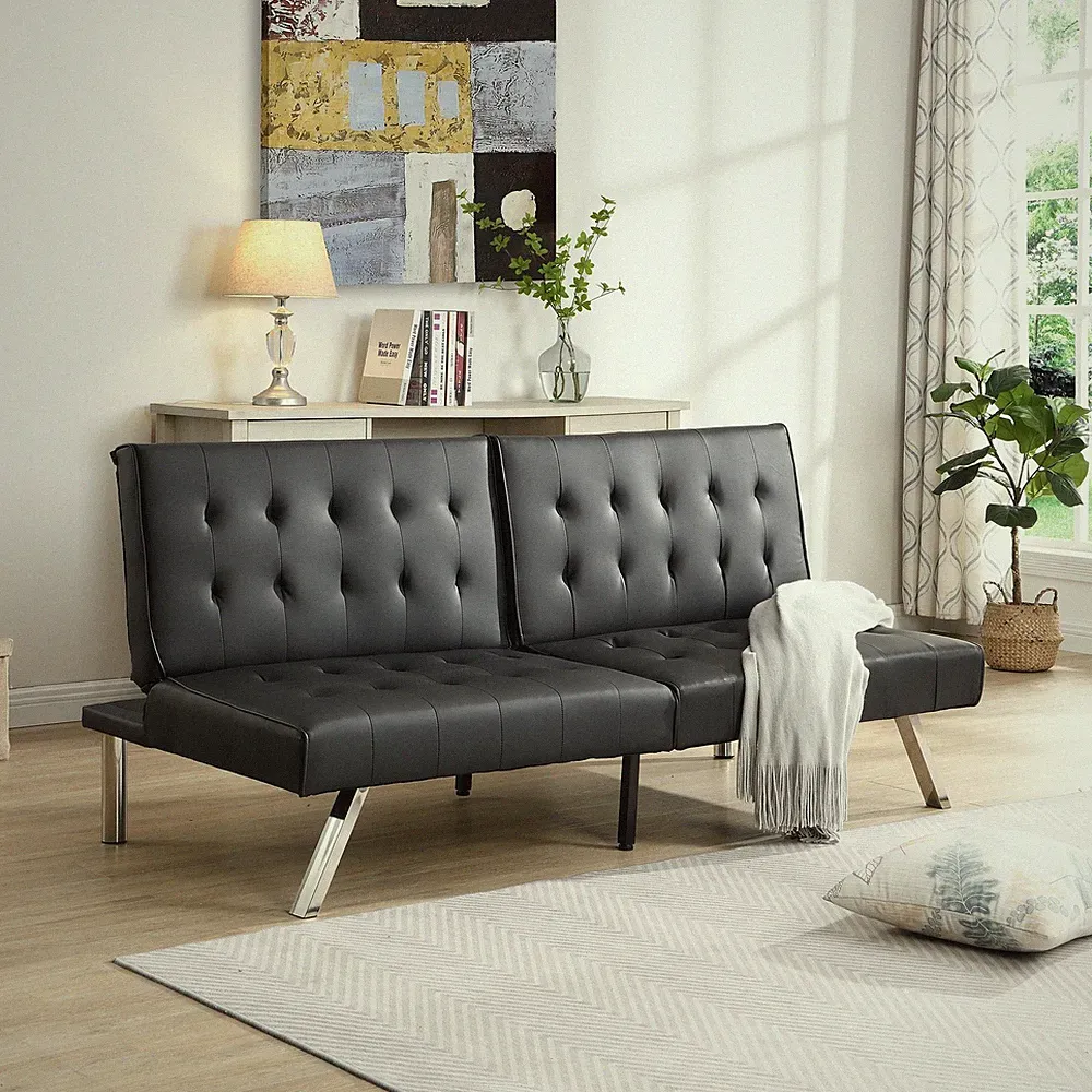 Sofa bed, Stainless steel chair legs, PVC, black