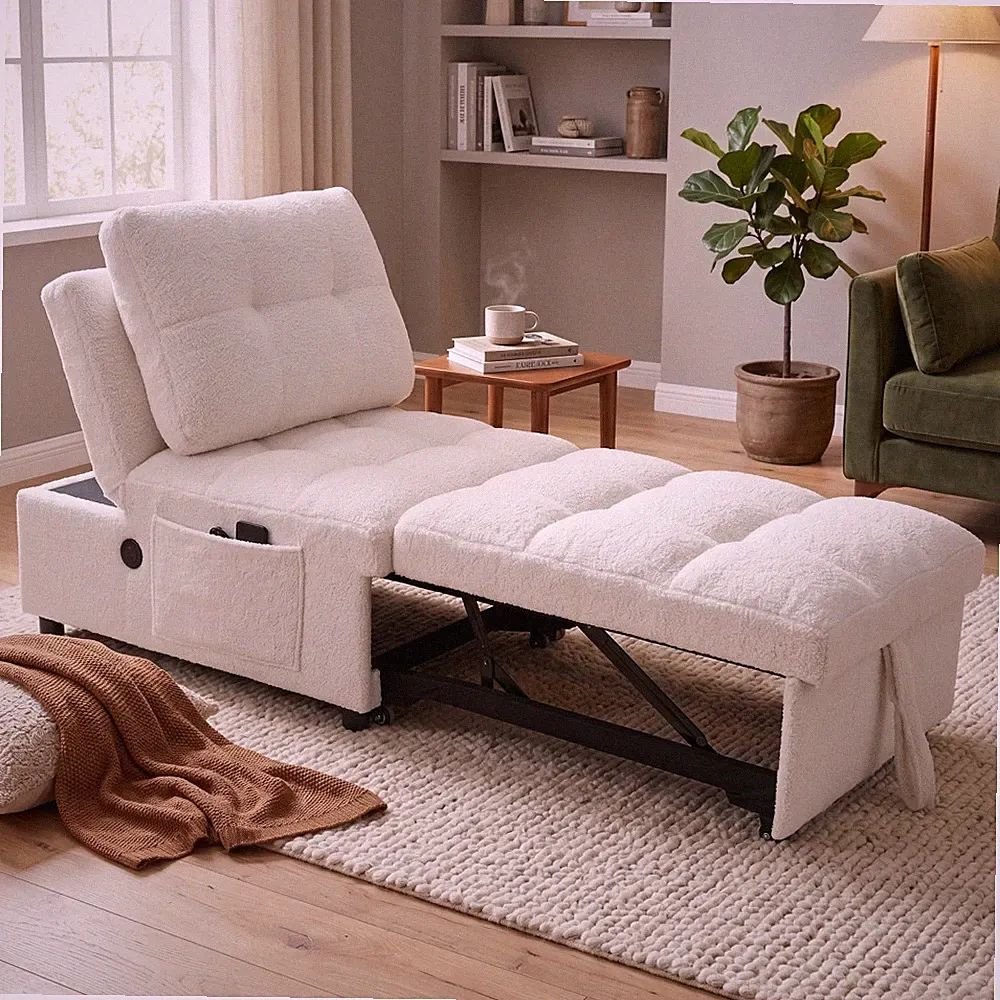 Sofa Bed, Teddy Fabric, USB Charging, Side Pocket, Adjustable Backrest