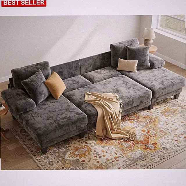 Sofa Bed U-Shaped 112 Inch Chenille Couch Convertible Living Room Furniture