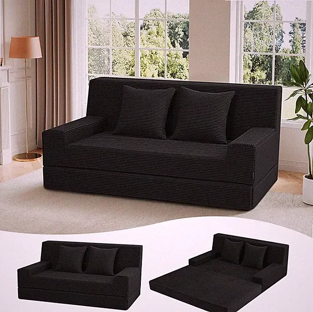 Sofa Cama Negro Con 2 Cojines Para Sala Moderno Pequeña Muebles Barato En Oferta