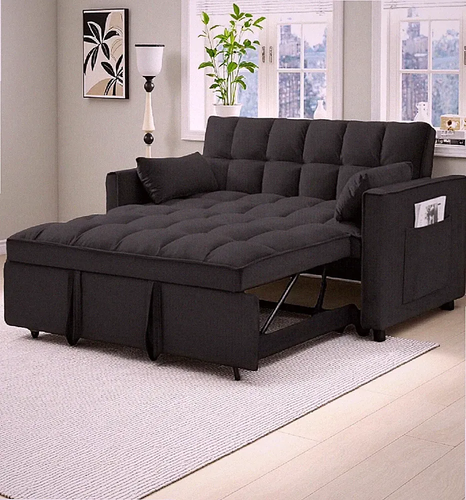 Sofa Cama Negro Con 2 Cojines Para Sala Moderno Pequeña Muebles Barato En Oferta