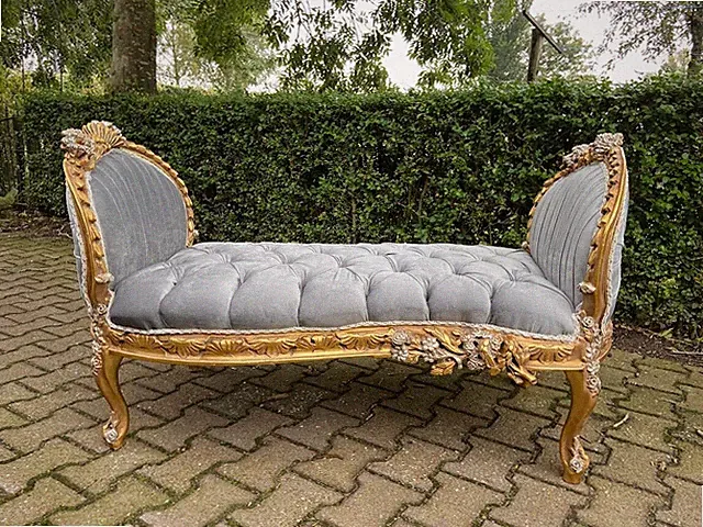 Sofa Chaise Louis XVI French Gray Velvet Gold Silver Leaf Beech Settee