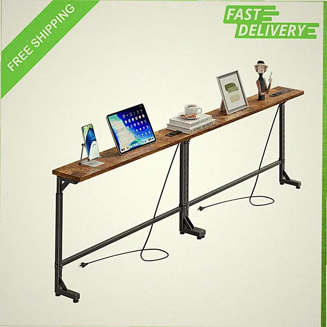 Sofa Console Table with Outlet, Adjustable Height, Rustic Brown, 78.75 Inch Size