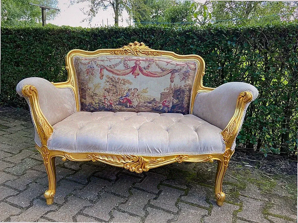 Sofa Couch Louis XVI Beige Velvet Settee Gold French Style Scenic Backrest